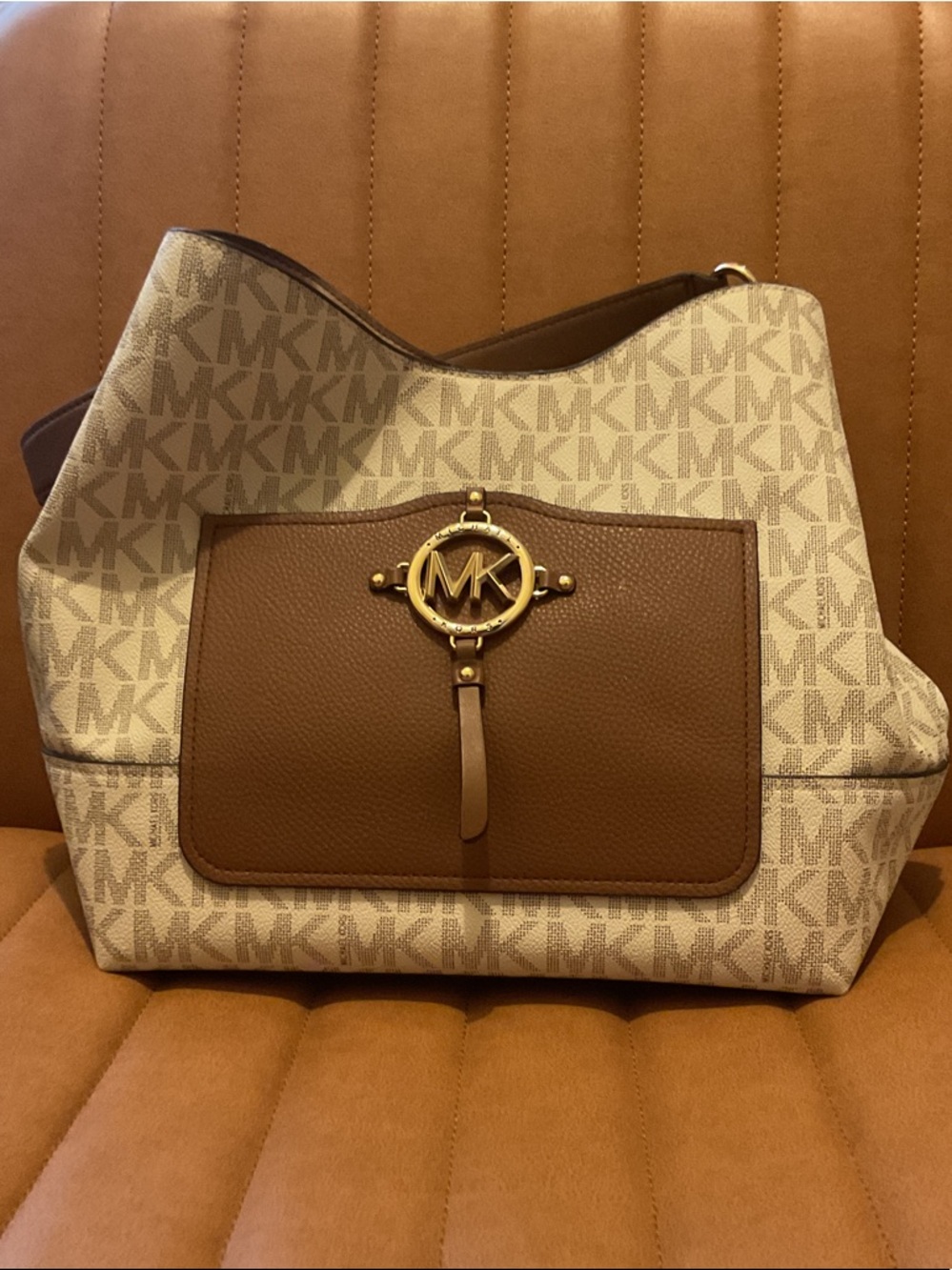 Michael Kors Beige and Brown Logo Shoulder Bag with Gold MK Emblem